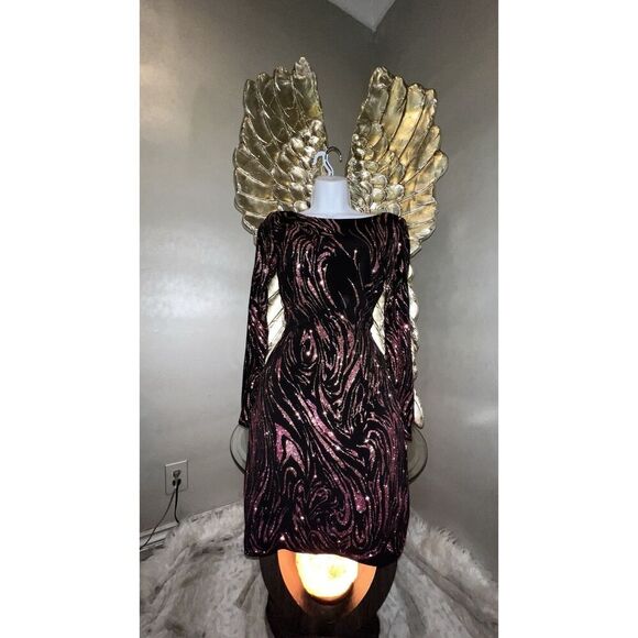 Cache Purple Black Swirl Beaded Long Sleeve Evening Cocktail Dress Sz S - Picture 2 of 15